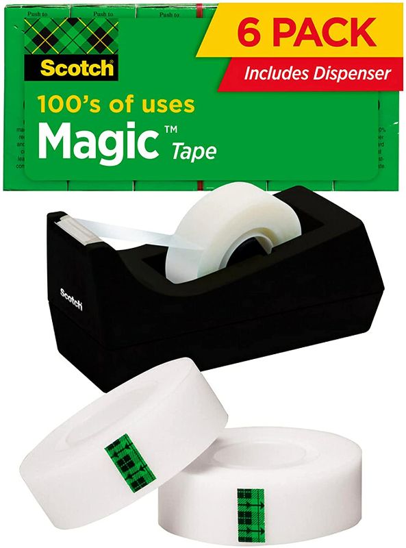 Photo 1 of Scotch Magic Tape, 6 Rolls with Dispenser, Numerous Applications, Invisible, Engineered for Repairing, 3/4 x 1000 Inches, Boxed (810K6C38) 2 PACKS.
