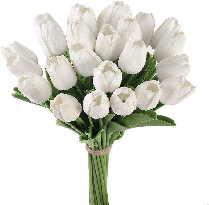 Photo 1 of 2 pack - Momkids 20 Pcs Artificial Tulips White Flowers Silk Fake tulipanes artificiales Tulip Spring Fake Flowers Bouquet Real Touch Tulips Flower for for Home Garden Wedding Party Decoration
