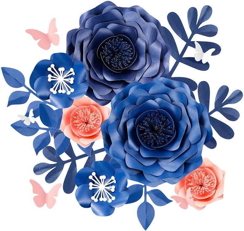 Photo 1 of Fonder Mols Giant 3D Paper Flowers Decorations for Wall (Navy Blue & Pink, Set of 16), Baby Boy Shower, Nautical Wedding & Bridal Shower, Shark Birthday Party Photobooth Backdrop(NO DIY)
