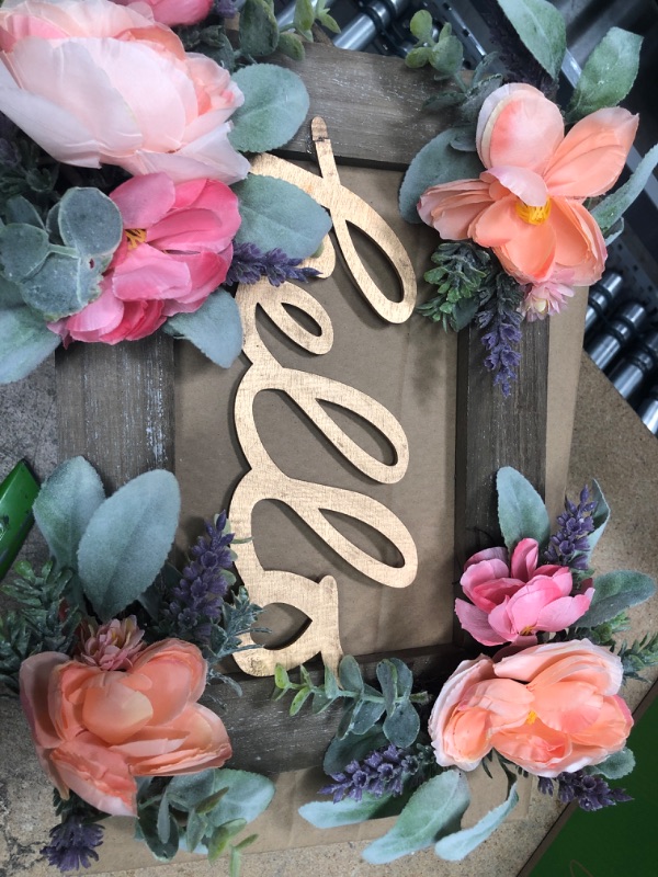 Photo 2 of Hello Wreaths for Front Door, 14.25" Rusitc Wooden Welcome Sign Decorations with Rose/Lambs Ear, for Wall Home Farmhouse Spring Summer Decor, Indoor/Outdoor.
