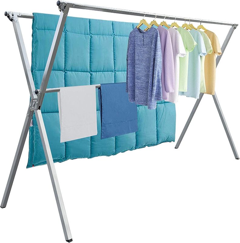 Photo 1 of  Clothes Drying Racks Outdoor, 79 Inches Updated Version,Stainless Steel Laundry Drying Rack for Indoor Outdoor and The Balcony,Length Adjustable Saves Space,with Windproof Hooks(Silver02)