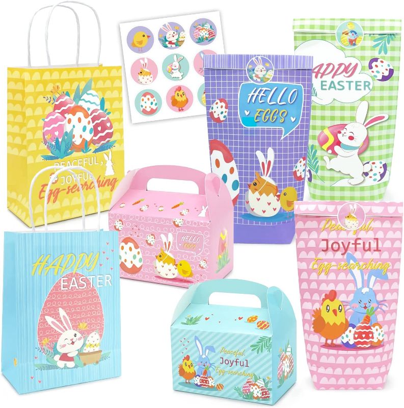 Photo 1 of 15 Pieces Easter Treat Set, Candy Bags with Stickers, Gift Boxes, Gift Bags with Handles, Recycled Party Boxes and Bags, Cardboard Box for Candy, Cookies...
