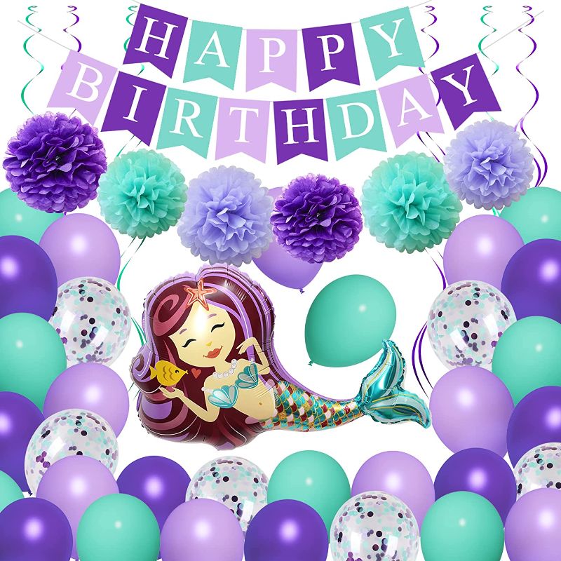 Photo 1 of 3 PACK**Mermaid Birthday Party Decorations, 40” Mermaid Balloon Purple Mint Green Confetti Balloons Happy Birthday Banner Pompoms Swirls for Girls Women Sea Theme Party Baby Shower Graduation Decorations
