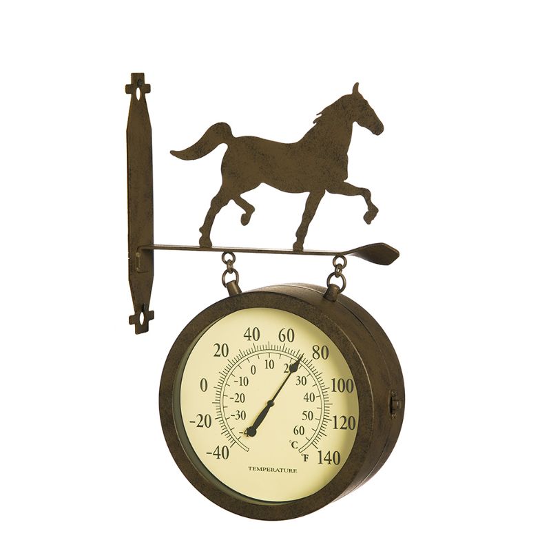 Photo 1 of 2-Sided Outdoor Wall Clock and Thermometer with Horse Icon
