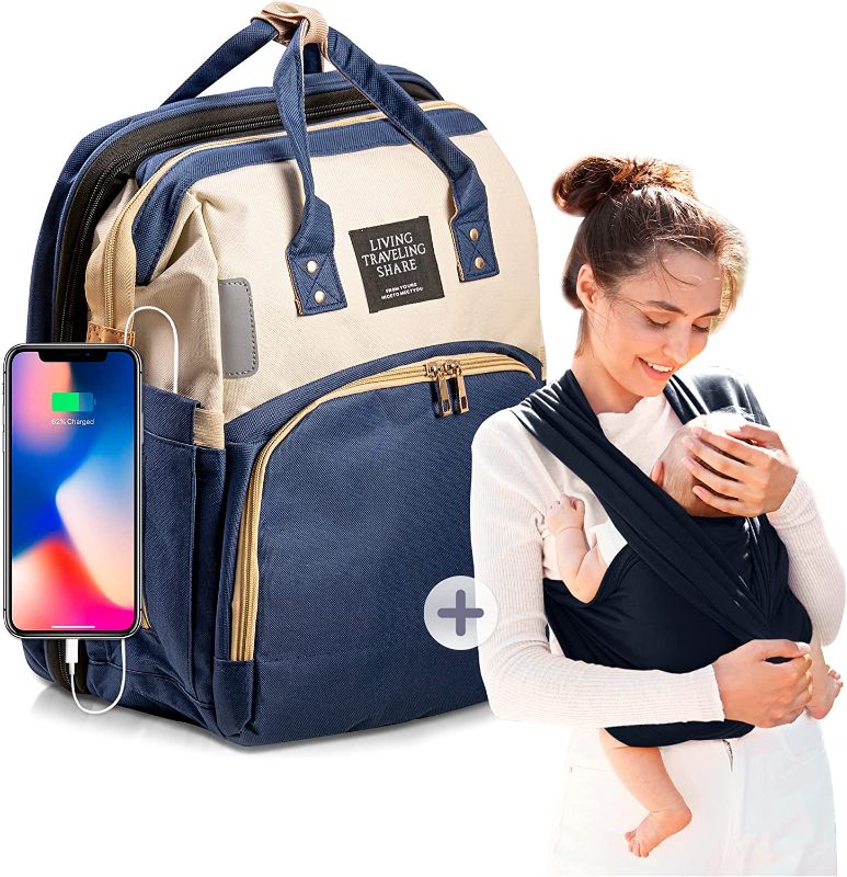 Photo 1 of INDIVIDUS Diaper Bag Backpack with Changing Station & Baby Carrier - Foldable Travel Baby Bag with Bassinet - Multifunctional Nappy Bag for Girls and Boys (Blue and White)
