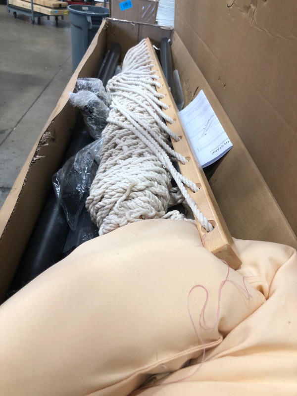 Photo 2 of PNAEUT Max 475lbs Capacity Double Hammock with Stand Included 2 Person Heavy Duty Traditional 2 People Rope Hammocks Stand with Pillow for Outside Porch Patio Garden Backyard Outdoor ( Burlywood )
