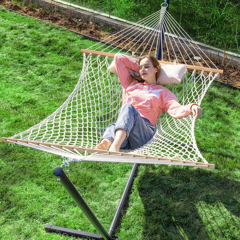 Photo 1 of PNAEUT Max 475lbs Capacity Double Hammock with Stand Included 2 Person Heavy Duty Traditional 2 People Rope Hammocks Stand with Pillow for Outside Porch Patio Garden Backyard Outdoor ( Burlywood )
