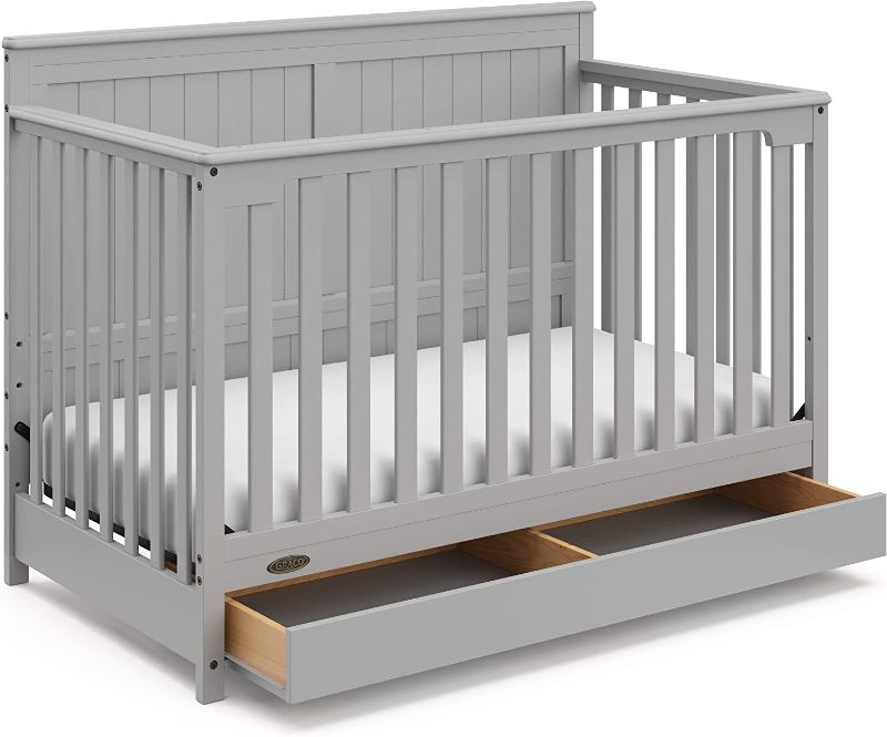 Photo 1 of Graco Hadley 5-in-1 Convertible Crib with Drawer (Pebble Gray) – GREENGUARD Gold Certified, Crib with Drawer Combo, Full-Size Nursery Storage Drawer, Converts to Toddler Bed, Daybed and Full-Size Bed
