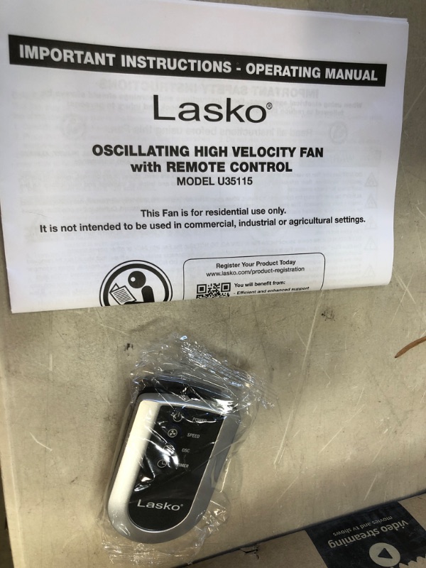 Photo 5 of **DOESNT FUNCTION WHEN POWERED ON* Lasko U35115 Electric Oscillating High Velocity Stand-Up Tower Fan with Timer and Remote Control for Indoor, Bedroom and Home Office Use, 35 Inch, Silver Black
