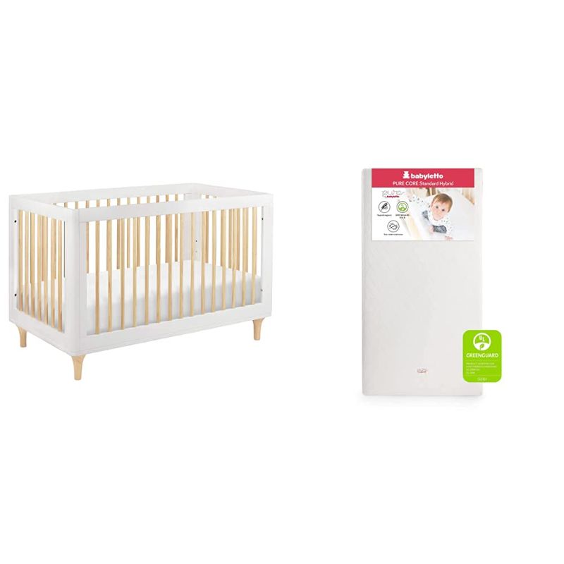 Photo 1 of Babyletto Lolly 3-in-1 Convertible Crib with Toddler Bed Conversion Kit in White/Natural with Pure Core Crib Mattress Hybrid Quilted Waterproof Cover, Greenguard Gold Certified
