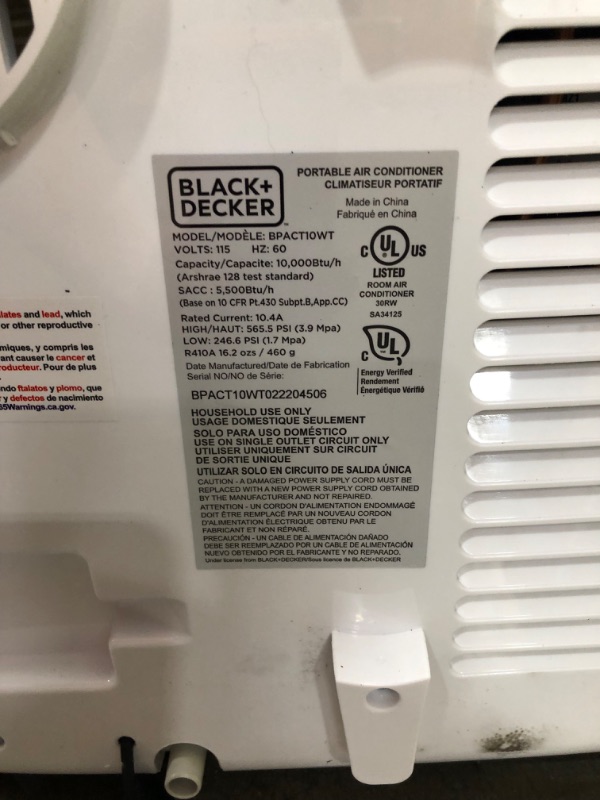 Photo 6 of BLACK+DECKER 10,000 BTU Portable Air Conditioner with Remote Control, White