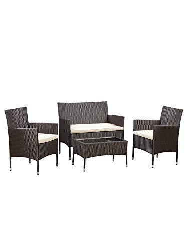 Photo 1 of Amazon Basics Outdoor Patio Garden Faux Wicker Rattan Chair Conversation Set with Cushion - 4-Piece Set, Brown
