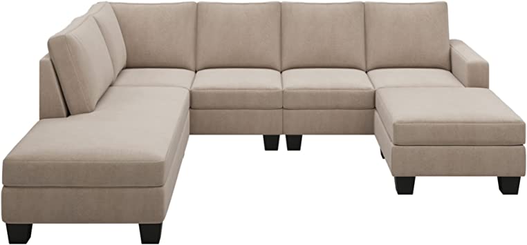 Photo 1 of **INCOMPLETE BOX 3 OF 3 **STARTOM U-Shaped 7 Seater Modern Large Sectional Sofa Furniture Set, Polyester Textured Couch with Right/Left Chaise Lounge, Removable Ottoman for Living Room, 110 x 36 x 87 inches, Warm Gray Fabric

