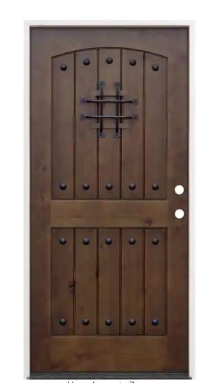 Photo 1 of 36 in. x 80 in. Walnut Left-Hand Inswing Arched 2-Panel V-Groove Speak Easy Stained Alder Prehung Front Door
