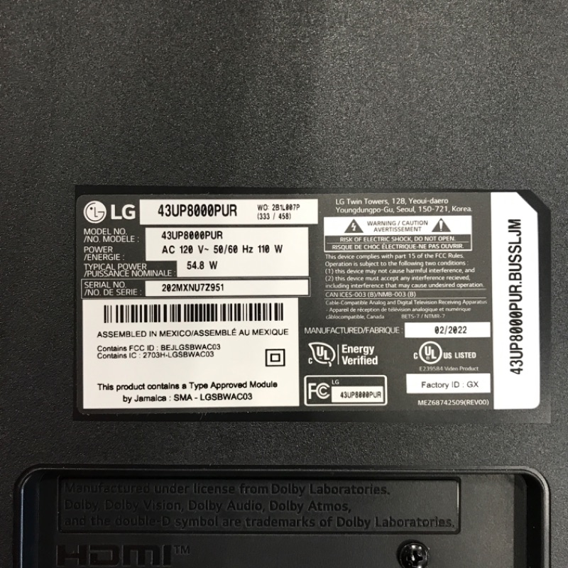 Photo 4 of **SCREEN IS NOT CRACKED BUT TV DOES NOT POWER ON PARTS ONLY ***LG 80 Series 43" Alexa Built-in, 4K UHD Smart TV, 60Hz Refresh Rate, Filmmaker Mode, Game Optimizer (43UP8000, 2021)
