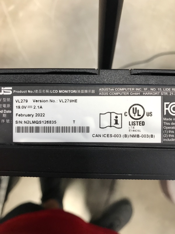 Photo 3 of **DOES NOT POWER ON **ASUS VL279HE 27” Eye Care Monitor, 1080P Full HD (1920 x 1080), IPS, 75Hz, Adaptive-Sync, FreeSync, HDMI D-Sub, Frameless, Slim, Wall Mountable, Flicker Free and Blue Light Filter
