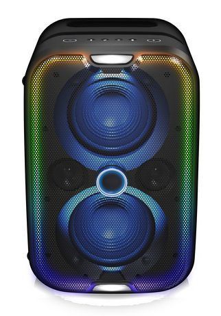 Photo 1 of Brookstone Big Blue Go Party Speaker, Built-in Qi Charging, High Power Portable Bluetooth Sound System, Adjustable LED Lights, High-Res Audio, Intense
