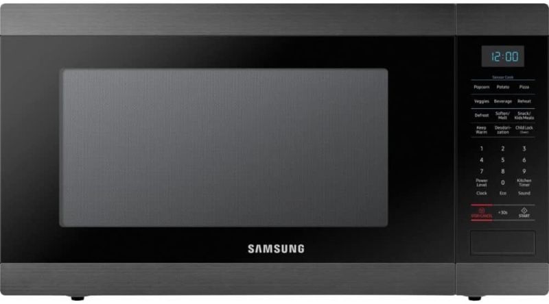 Photo 1 of **DAMAGED** Samsung MS19M8020TG/AA Microwave Oven, 1.9 cubic feet, Fingerprint Resistant Black Stainless Steel
