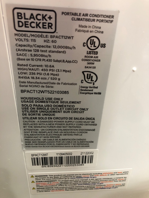 Photo 7 of ***PARTS ONLY*** BLACK+DECKER BPACT12WT Large Spaces Portable Air Conditioner, 12,000 BTU, White
