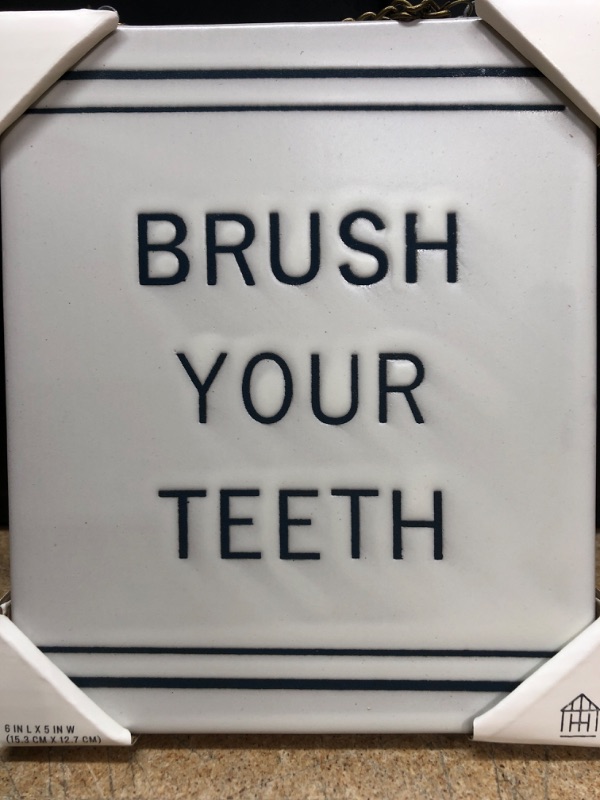 Photo 1 of "Brush your teeth" Stoneware Wall Sign Blue/Cream - Hearth & Hand™ with Magnolia X 2