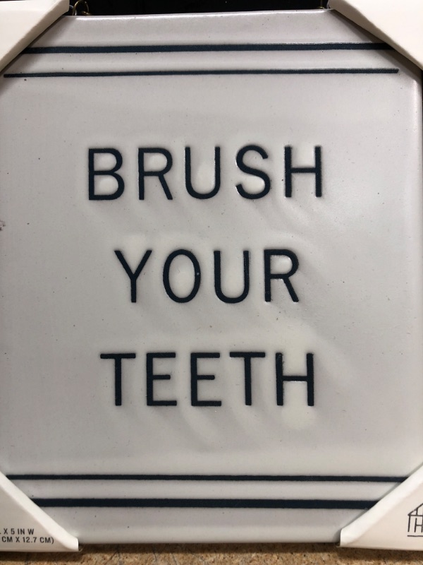 Photo 1 of "Brush Your Teeth"Stoneware Wall Sign Blue/Cream - Hearth & Hand™ with Magnolia X 3