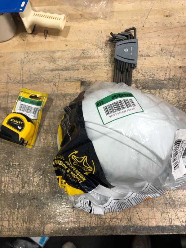 Photo 2 of MAXIMUM SAFETY White 4 Point Ratchet Suspension Full Brim Hard Hat. HUSKY HEX WRENCH SET (USED), AND TAPE MEASURE