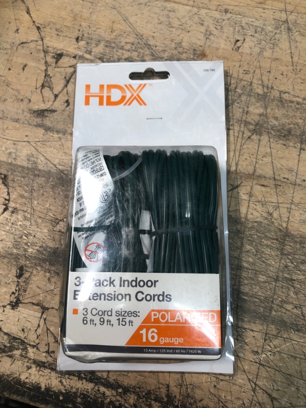 Photo 2 of  HDX 3-Pack Indoor Extension Cords 16 Gauge Polarized 6ft, 9ft, 15ft
