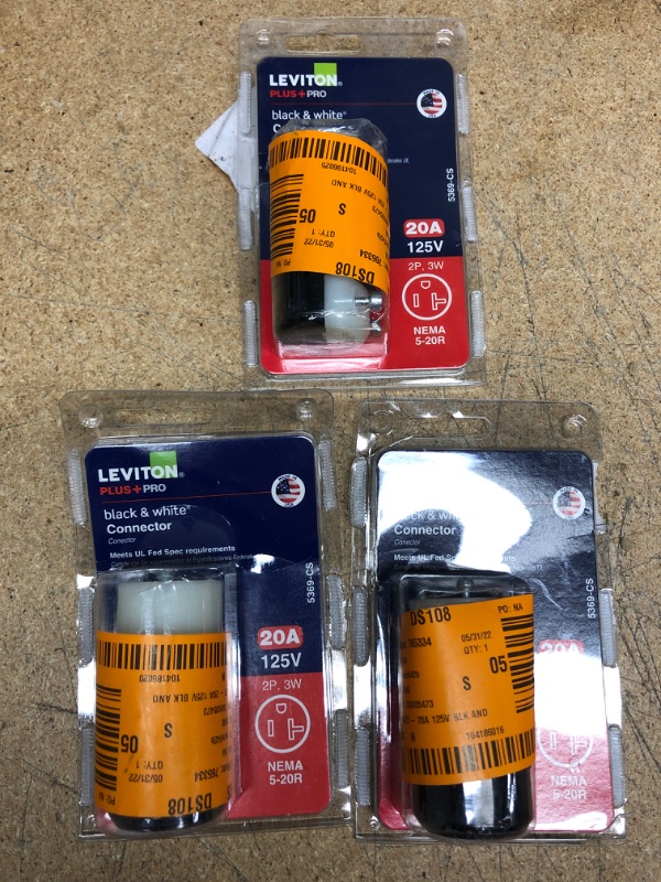 Photo 2 of ***3 Pack*** Leviton 20 Amp 125-Volt Straight Blade Connector, Black and White