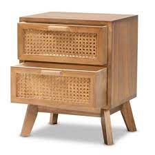 Photo 1 of  2 Baxton Studio Baden Mid-Century Modern Walnut Brown Finished Wood 2-Drawer Nightstand with Rattan