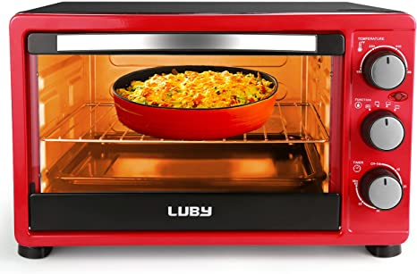 Photo 1 of LUBY Convection Toaster Oven with Timer, Toast, Broil Settings, Includes Baking Pan, Rack and Crumb Tray, 6-Slice, Red
