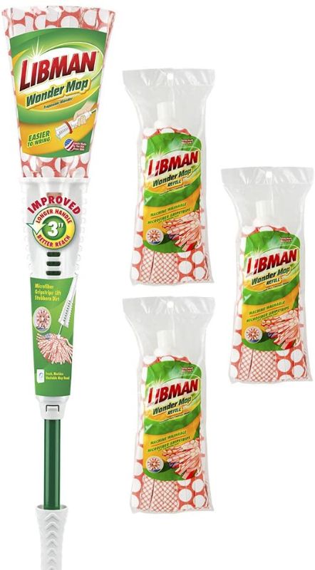 Photo 1 of **DAMAGED* Libman Wonder Mop & Refills Kit – for Tough Messes and Powerful Cleanup – Easy to Wring, Long Handled Wet Mop for Hardwood, Tile, Laminate. Includes Three Replacement Heads, Machine Washable, 62 Inch
