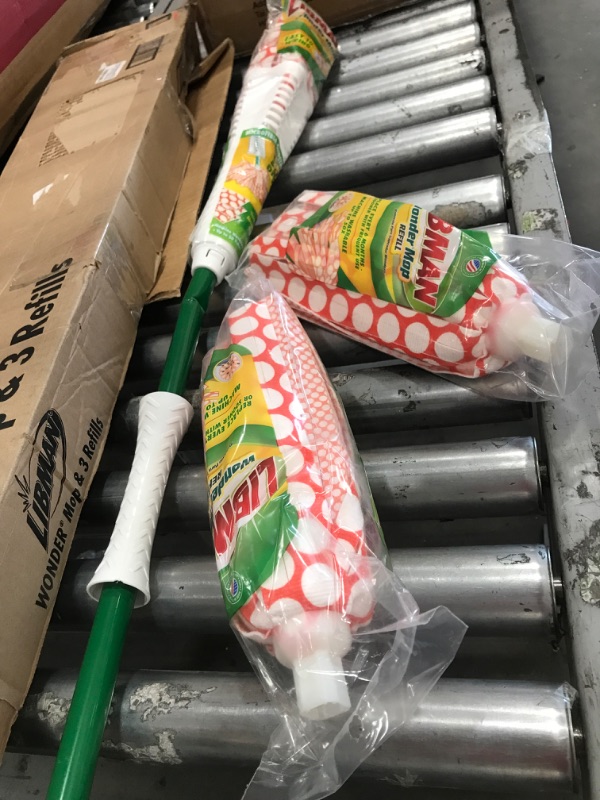 Photo 2 of **DAMAGED* Libman Wonder Mop & Refills Kit – for Tough Messes and Powerful Cleanup – Easy to Wring, Long Handled Wet Mop for Hardwood, Tile, Laminate. Includes Three Replacement Heads, Machine Washable, 62 Inch
