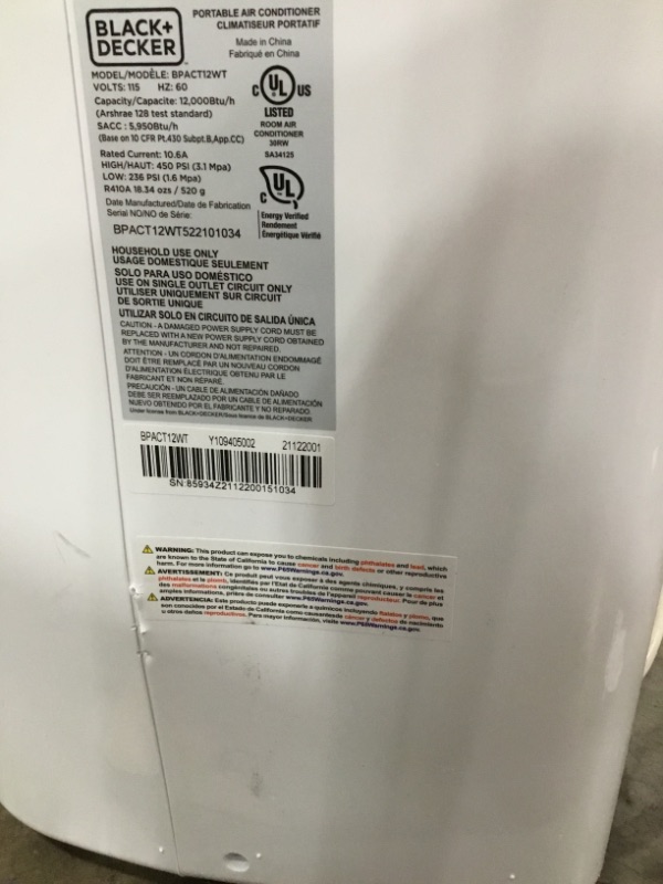 Photo 3 of BLACK+DECKER 6,500 BTU DOE (12,000 BTU ASHRAE) Portable Air Conditioner with Remote Control, White
