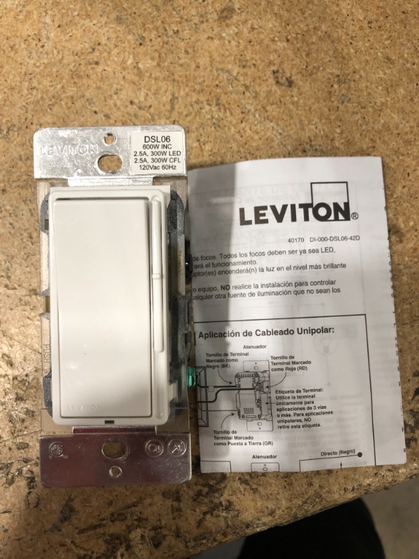 Photo 2 of Leviton Decora 600-Watt Single-Pole/3-Way Universal Rocker Slide Dimmer, White/Light Almond
