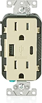 Photo 1 of Leviton T5633-I 15-Amp Type A & Type-C USB Charger/Tamper Resistant Outlet, Not for Laptops, Ivory
