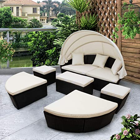 Photo 1 of *box 1 of 4, NOT COMPLETE*
SIU All-Weather Sectional Sofa Set Outdoor Rattan Round Daybed Sunbed with Retractable Canopy, Black Wicker Furniture Clamshell Seating with Washable Cushions for Backyard, Porch
