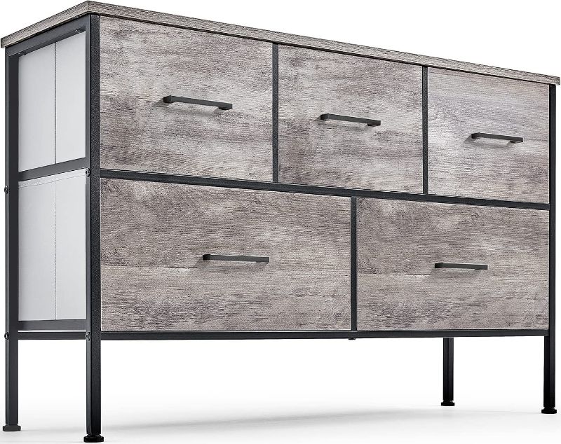 Photo 1 of 5 Drawer Dresser Long Wide Chest of Drawers Nightstand with Wood Top Rustic Storage Tower Storage Dresser Closet for Living Room, Bedroom, Hallway, Nursery, Kid
