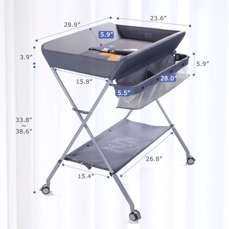 Photo 1 of EGREE Baby Changing Table Portable Folding Diaper Changing Station with Wheels, Adjustable Height Mobile Nursery Organizer with Safety Belt and Large Storage Racks for Newborn Baby and Infant, Gray
