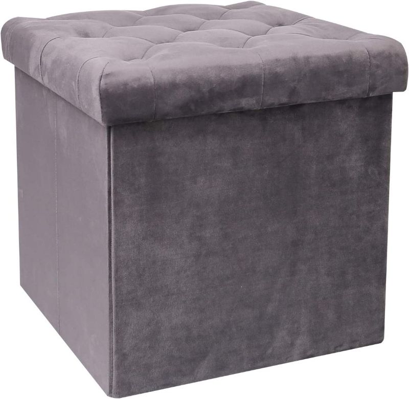 Photo 1 of B FSOBEIIALEO Storage Ottoman Cube, Velvet Tufted Folding Ottomans with Lid, Footstool Rest Padded Seat for Bedroom (Grey, Medium)
