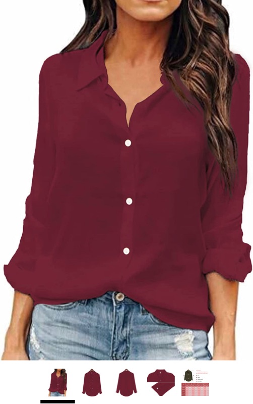 Photo 1 of OMSJ Women Button Down Shirts Long Sleeve Chiffon Office V Neck Casual Business Blouses Tops