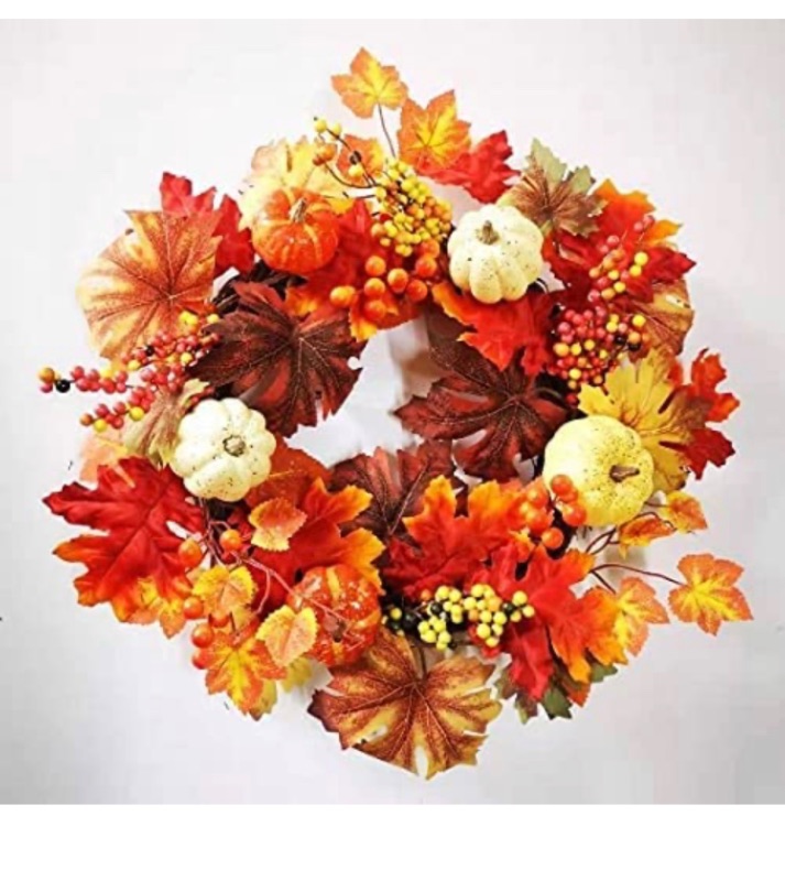 Photo 1 of 18-inch Artificial Maple Leaf Autumn Wreath with Colorful Maple Leaf Pumpkin Pine Cones and Berries, Harvest Wreath, Suitable for Front Door Table Wall and Thanksgiving Decoration