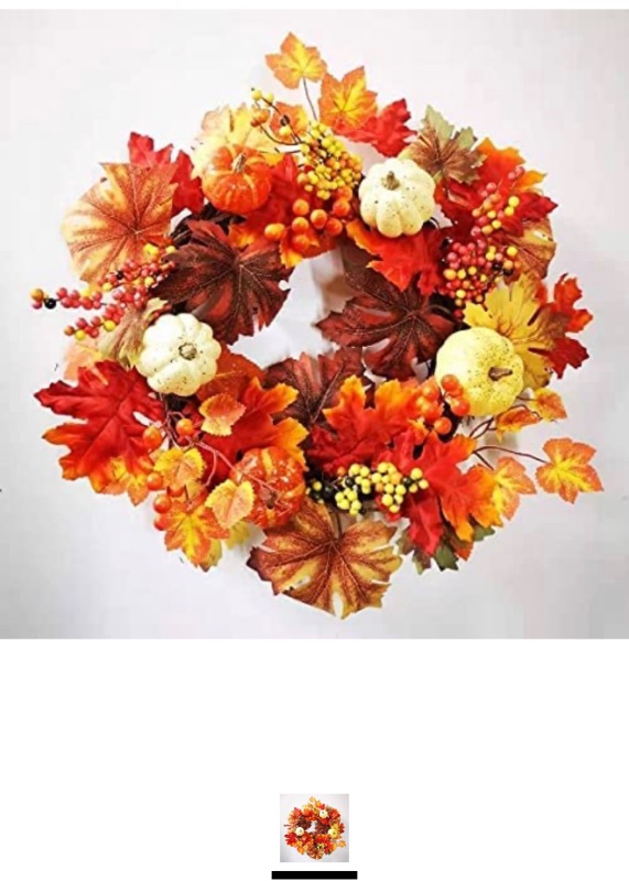 Photo 1 of 18-inch Artificial Maple Leaf Autumn Wreath with Colorful Maple Leaf Pumpkin Pine Cones and Berries, Harvest Wreath, Suitable for Front Door Table Wall and Thanksgiving Decoration