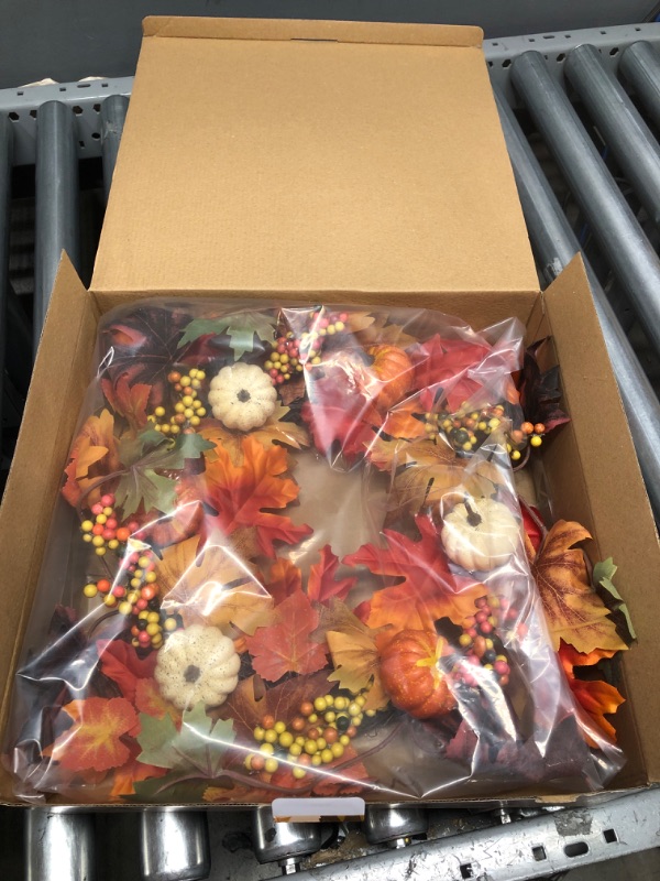 Photo 2 of 18-inch Artificial Maple Leaf Autumn Wreath with Colorful Maple Leaf Pumpkin Pine Cones and Berries, Harvest Wreath, Suitable for Front Door Table Wall and Thanksgiving Decoration