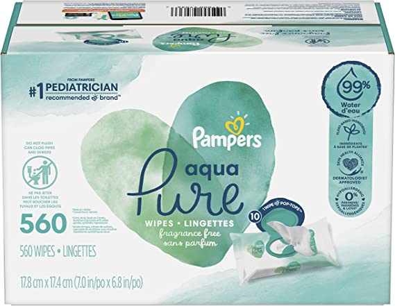 Photo 1 of Baby Wipes, Pampers Aqua Pure Sensitive Water Baby Diaper Wipes, Hypoallergenic and Unscented, 10X Pop-Top Packs, 560 Count (Packaging May Vary)
