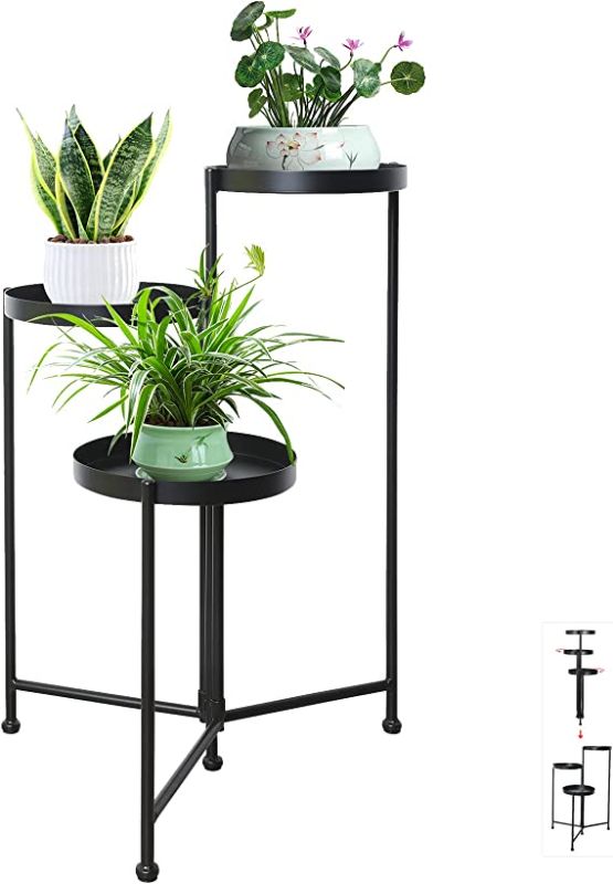 Photo 1 of 3 Tier Metal Plant Stand Rack, Foldable Tri-Level Black Corner Planter Holder, Indoor Outdoor Iron Display Shelf for Potted Plants, Decorations, and Small Objects(Matte Black)
