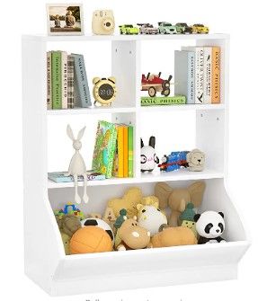 Photo 1 of Aheaplus Toy Storage Organizer with Bookcase, 5 Cubby Bookshelf Toy Storage Cabinet, Open Multi-Bins Toys&Books Storage Display Organizer for Playroom, Bedroom, Nursery, School, White
