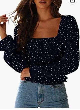 Photo 2 of CNJFJ Women's Sexy Frill Smock Crop Top Retro Square Neck Long Sleeve Shirred Blouse Tops
SIZE- SMALL