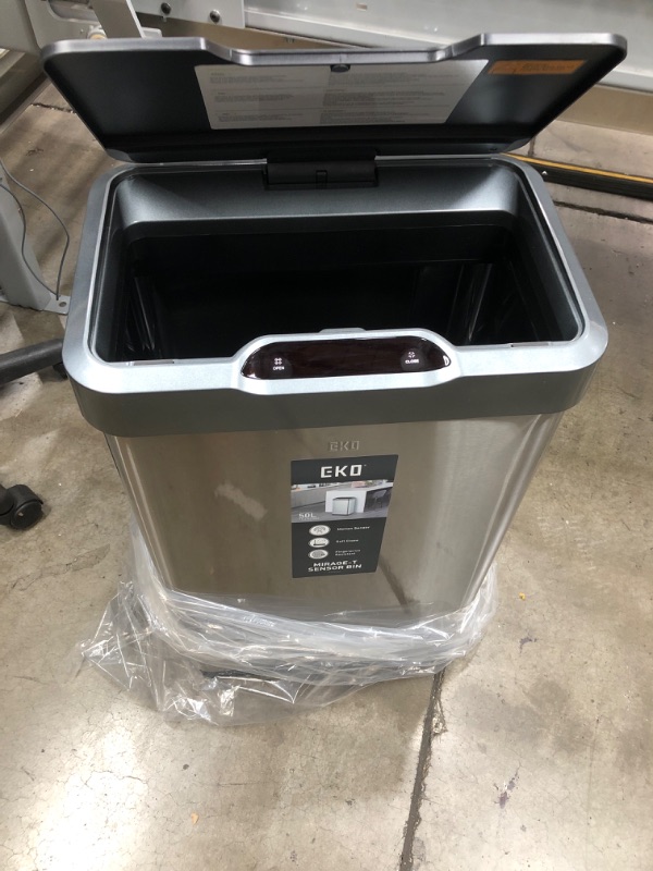 Photo 2 of ***SEE NOTE*** EKO Mirage-T 50 Liter / 13.2 Gallon Touchless Rectangular Motion Sensor Trash Can, Brushed Stainless Steel Finish
