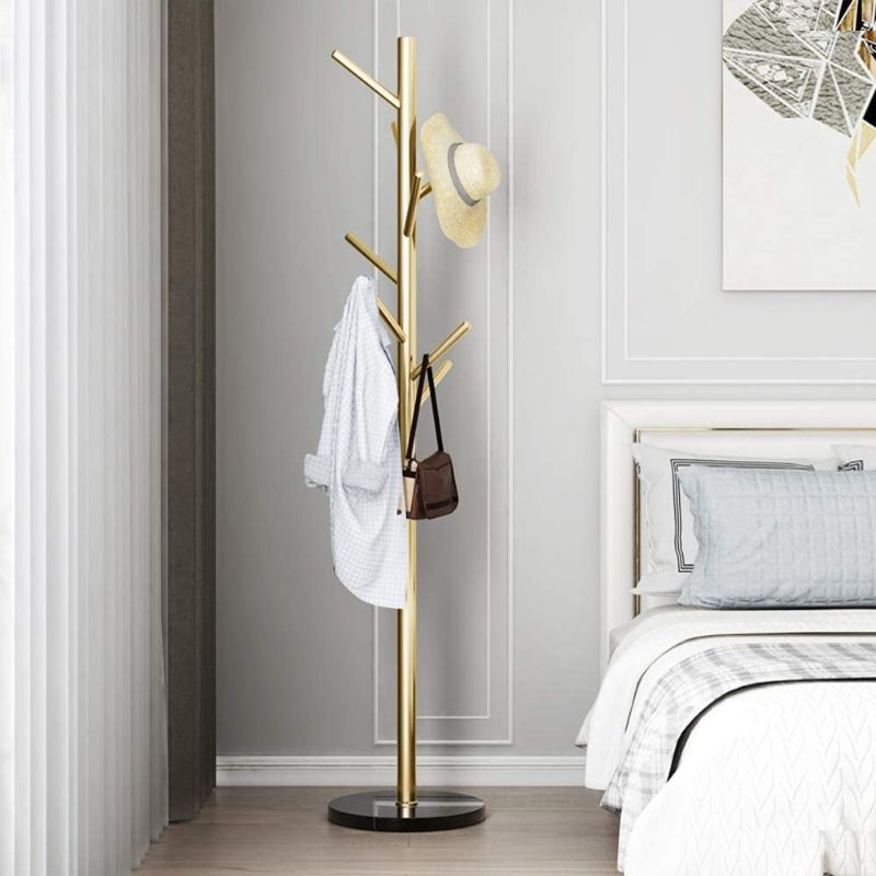 Photo 1 of Metal Coat Rack Stand Golden Satin Steel Finish Stable Marble Base, High-Grade with Hooks Metal Tree Hat 