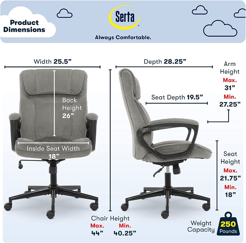 Photo 2 of Serta Executive Office Chair Ergonomic Computer Upholstered Layered Body Pillows, Contoured Lumbar Zone, Base, Fabric, Black/Grey